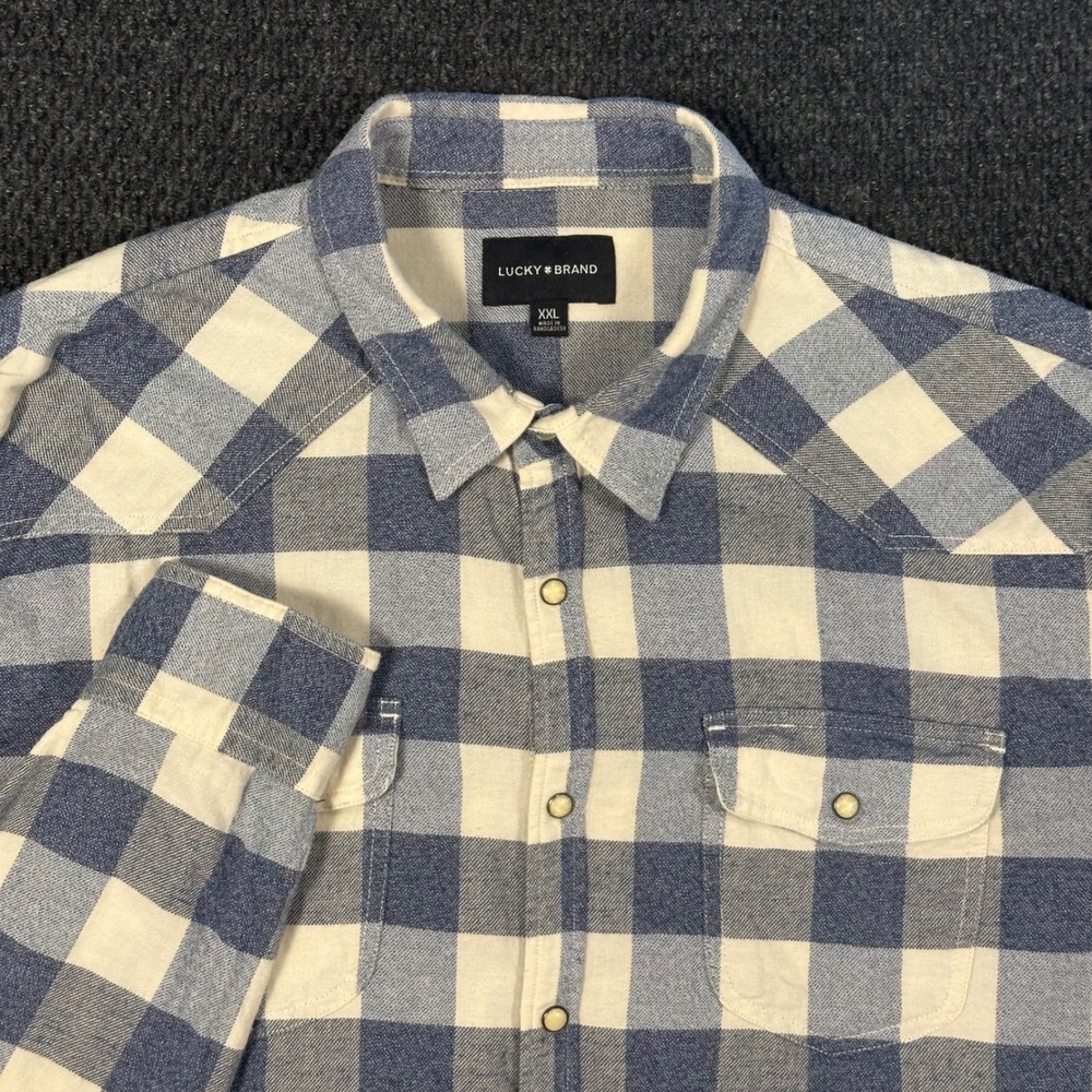 Lucky Brand Western Pearl Snap Flannel Shirt Men XXL Blue White Buffalo Plaid